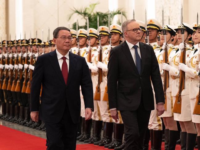 Prime Minister Anthony Albanese is greeted by Chinese Premier Li Qiang at the Great Hall of the People in Beijing, China, Tuesday, November 7, 2023. Picture: PMO