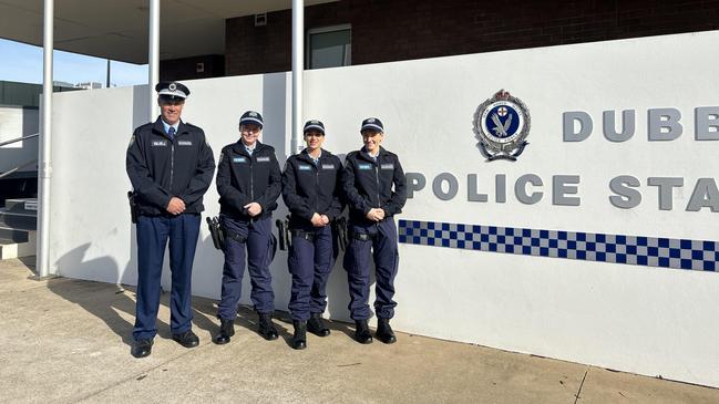 Orana Mid-Western Police District acting inspector Scott Heckendorf with three probationary constables. Photo: Tijana Birdjan.