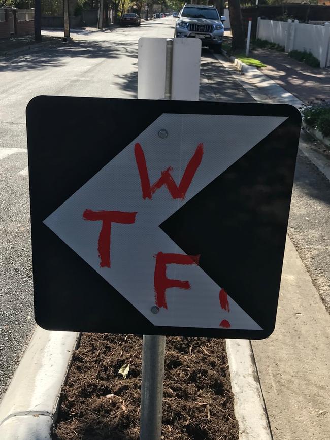 Defaced signs on Weller St at Goodwood. Picture: Jessica Adamson