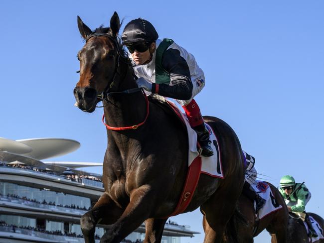 MELBOURNE, AUSTRALIA - SEPTEMBER 16: Craig Williams riding Mr Brightside winning Race 7, the Pfd Food Services Makybe Diva Stakes, during Melbourne Racing at Flemington Racecourse on September 16, 2023 in Melbourne, Australia. (Photo by Vince Caligiuri/Getty Images)