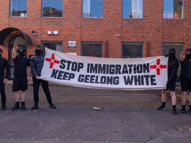 Members of the National Socialist Network pose in front of the CFMEU building in Geelong. Photo: Supplied.