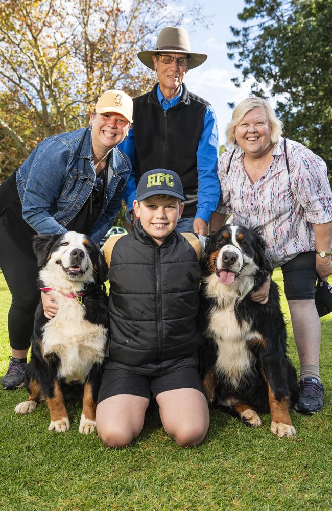 Riley Dewhurst with Bernese mountain dogs Marcello (left) and Mozart and (back, from left) Sarah Dewhurst, Stuart Gibbs and Helen Gibbs at Toowoomba's Million Paws Walk at Queens Park, Friday, May 24, 2024. Picture: Kevin Farmer