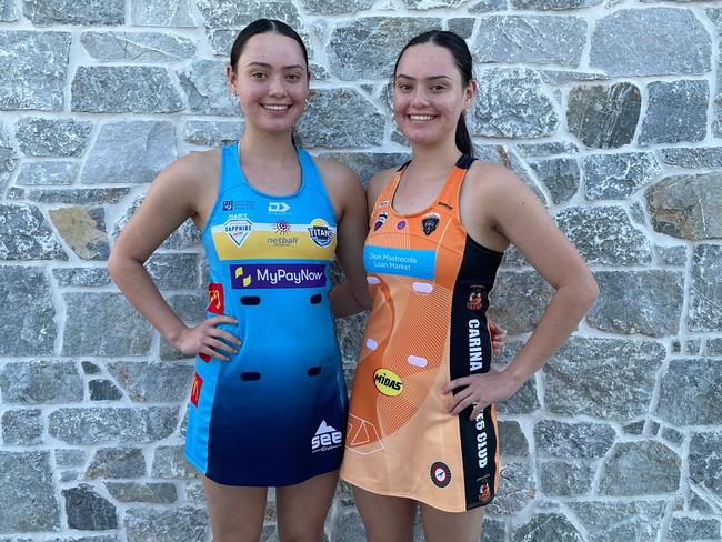 Brooke (L) and Renee (R) Marchant (twins) of Titans Netball and Carina Leagues Tigers