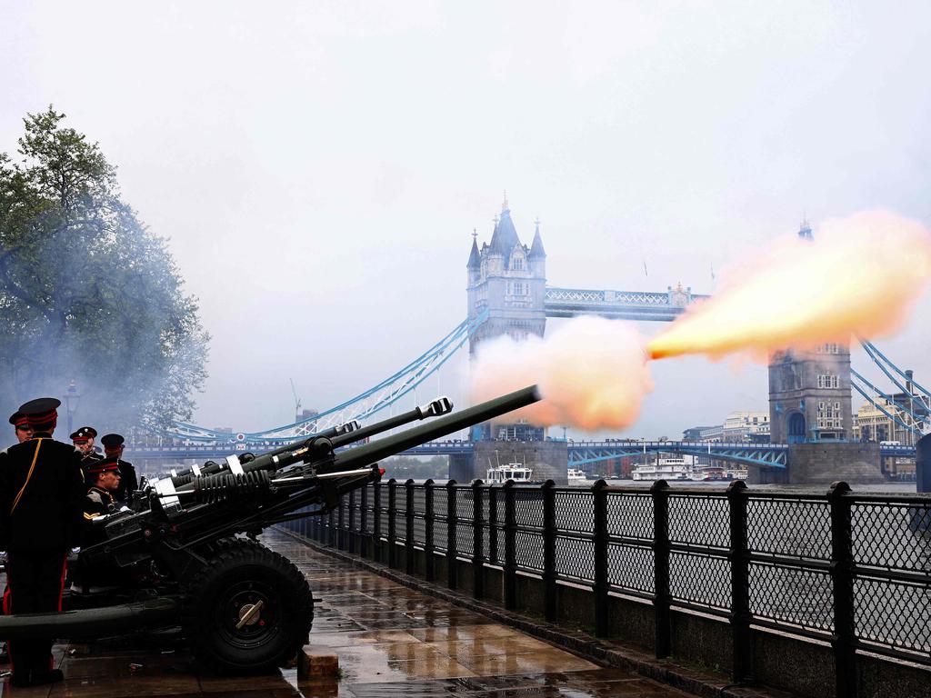 Members of the Honourable Artillery Company fire a 62 Gun Royal Salute, to mark the first Anniversary of the Coronation of Britain's King Charles III and Britain's Queen Camilla from Tower Wharf, by Tower Bridge in central London. Picture: AFP