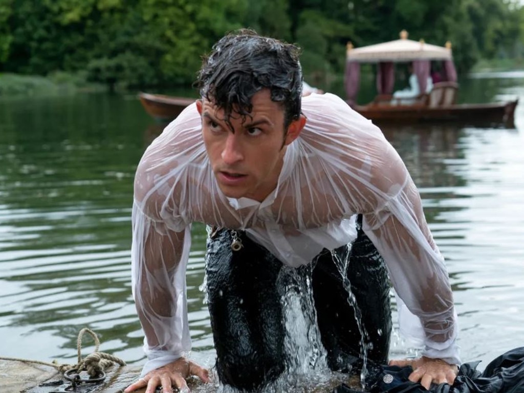 Jonathan Bailey re-enacts the famous wet shirt scene in Bridgerton. Picture: Netflix