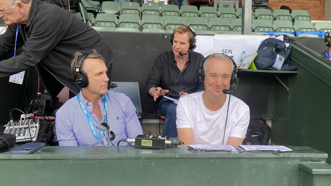 The not so glamorous SEN commentary box at Norwood Oval with call team Kym Dillon, David Wildy and Darryl Wakelin. Photo: Twitter, AFL Nation.