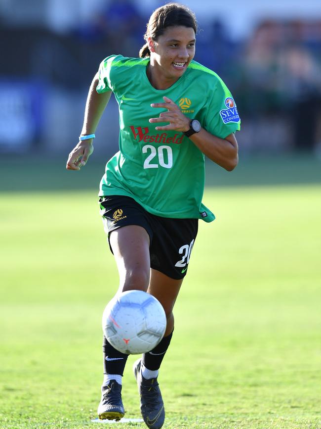 Sam Kerr training ahead of Thursday’s clash with New Zealand. Picture: AAP