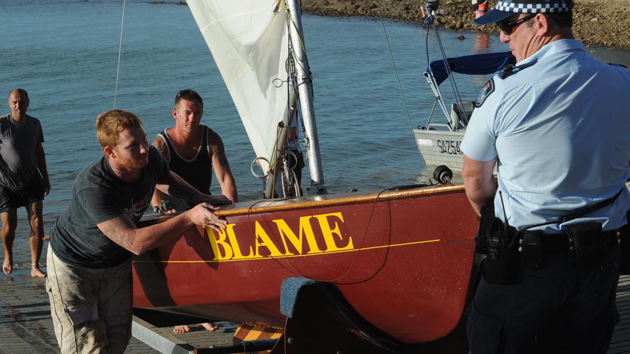 Tom Dietz and Reece Westle (third from left) assisted in the rescue of a sailing boat in 2014. Photo: Robyne Cuerel