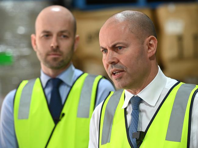 Thursday morning: Josh Frydenberg and Liberal candidate Simon Kennedy visit Formula Chemicals in West Ryde. Picture: NCA NewsWire / Jeremy Piper