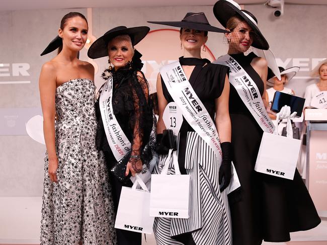 Women's Myer Fashions on the Field daily winner Montelle Mondello (2nd right) poses with second place winner Tanya Lazarou (right), third place winner Lisa March (2nd left) and Jodi Anasta (left). Picture: Daniel Pockett, Getty Images.