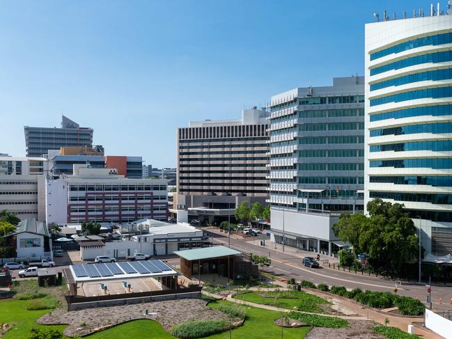 The view from the 5th floor of Parliament House, Darwin, including views of the Deck Chair Cinema, the Esplanade and the new State Square development.Picture: Che Chorley