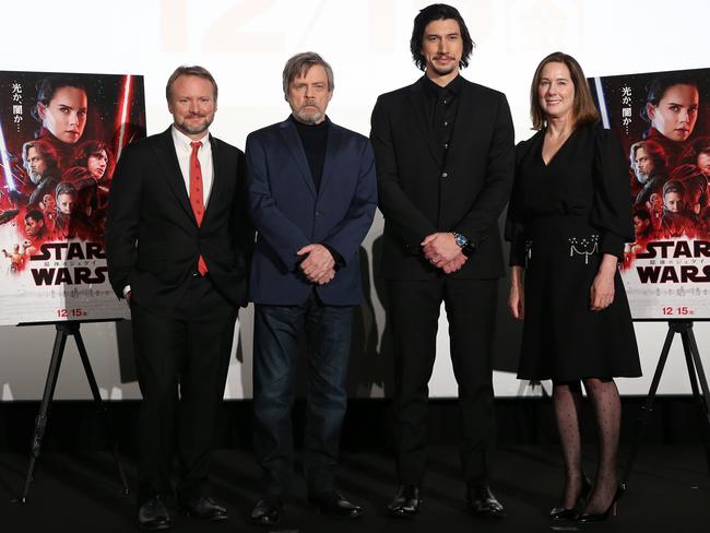 The Last Jedi director Rian Johnson (left) with stars Mark Hamill and Adam Driver and producer Kathleen Kennedy at a red-carpet fan event in Tokyo this week. Picture: Christopher Jue/Getty Images for Disney