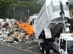 A Gold Coast City Council rubbish truck has tipped a burning load of trash onto Pacific Pde, Bilinga. Picture: Facebook