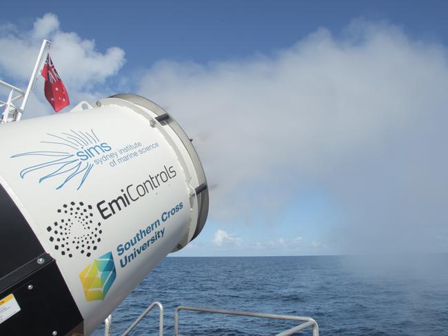 Testing prototype aerosol sprayers and methods to measure the dispersal and impact of the resulting plume. Cloud brightening research projects on the Great Barrier Reef, funded by the Great Barrier Reef Foundation. Picture: Southern Cross University