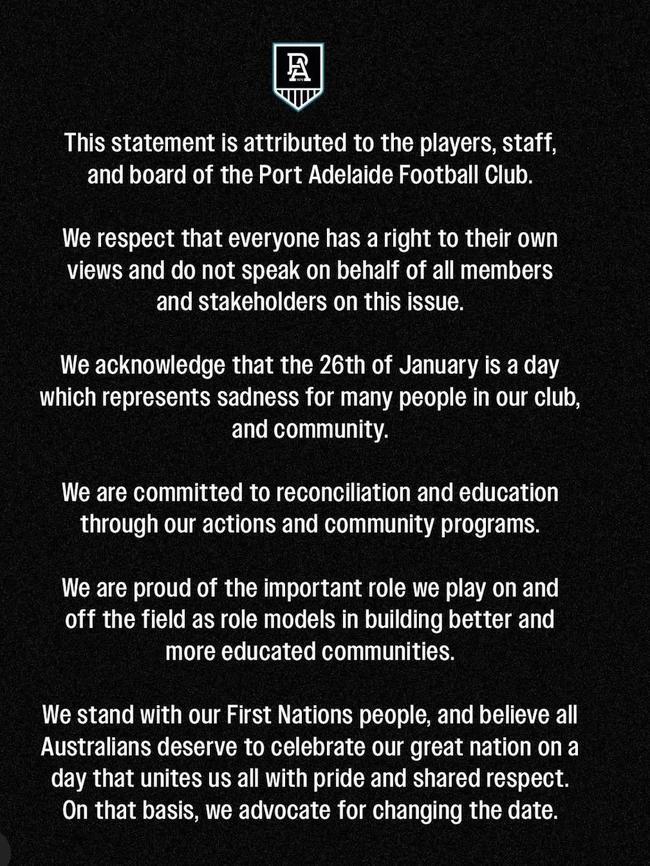 Port Adelaide's message regarding Australia Day.