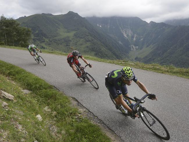 Spain's Alejandro Valverde, right, Tejay van Garderen of the US, centre, and Netherlands' Bauke Mollema, left.