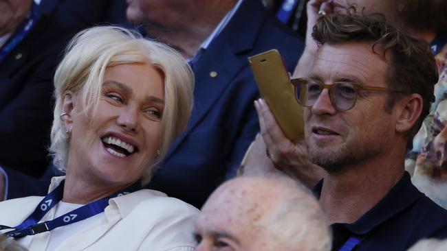 Deborra-Lee Furness and Simon Baker at the Australian Open men’s final in Melbourne. Picture: Michael Klein