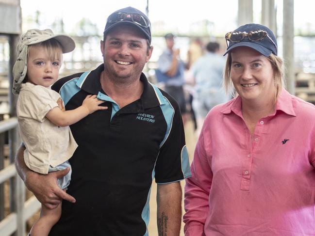 DAIRY: Echuca Dairy SaleDairy sale of 250 cows and heifers from Jinchilla Ag/Hemphill family from Kyabram. Property sold.PICTURED: L-R farm worker Phillip Whatman and 18month old son Albert and Kate Hemphill (Hemphill family) from Kyabram.PICTURE: ZOE PHILLIPS