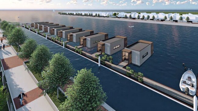 Artist impression of floating hotel suites on the Port River, attached to the hotel to be built in the old DMH building.