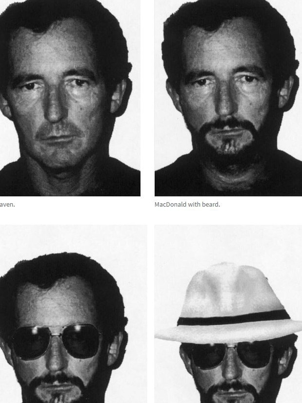 Alexander Robert MacDonald in various guises for bank robberies. Picture: Herald Sun.