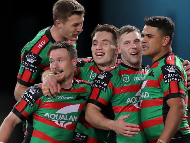 SYDNEY, AUSTRALIA - AUGUST 22:  Latrell Mitchell of the Rabbitohs celebrates after scoring a try during the round 15 NRL match between the South Sydney Rabbitohs and the Manly Sea Eagles at ANZ Stadium on August 22, 2020 in Sydney, Australia. (Photo by Matt King/Getty Images)