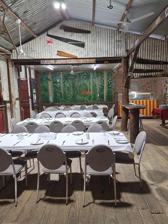 The dining room at the Lions Den Hotel post TC Jasper flooding in preparation for the arrival of Outback Spirit and APT. tour busses. Picture: Lions Den