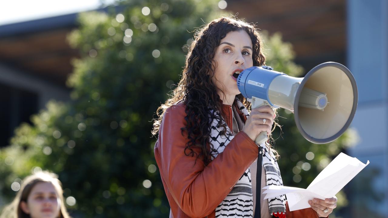 Dr Randa Abdel-Fattah speaking at a pro-Palestine protest at Macquarie University in Sydney. Picture: Richard Dobson