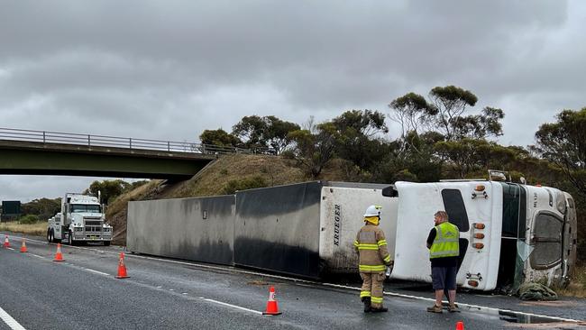 Eastbound traffic on the South Eastern Freeway will be diverted at the Monarto exit after a truck rollover at White Hill this morning. Picture: SA Police