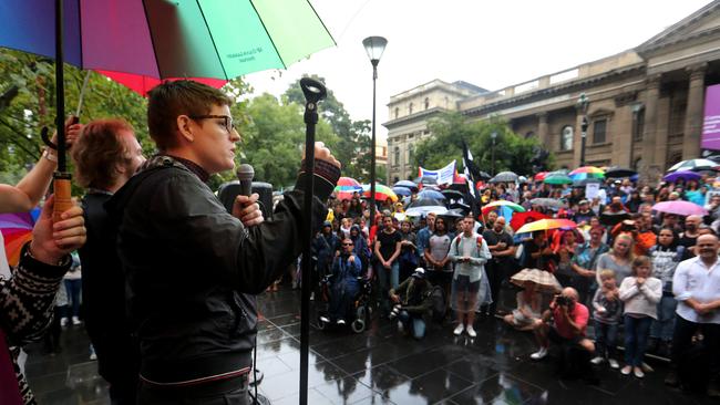 Safe Schools activist Roz Ward at a rally earlier this year, organised to protest the government's review of the Safe Schools Program. (Pic: David Geraghty)