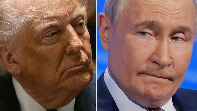 (FILES) (COMBO) This combination of pictures created on March 30, 2025 shows US President Donald Trump at the White House on March 24, 2025, in Washington, DC, and Russian President Vladimir Putin in Moscow on March 18, 2025. Since his return to the White House, President Donald Trump has turned US foreign policy upside down, sent shock waves through the financial markets and turned the Oval Office into one 