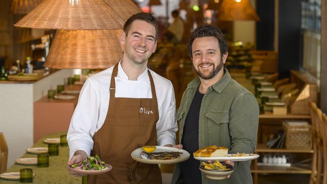 Callum Hann and Themis Chryssidis in their new Mediterranean restaurant, Olive, on Pirie St in the city. Picture: Roy VanDerVegt