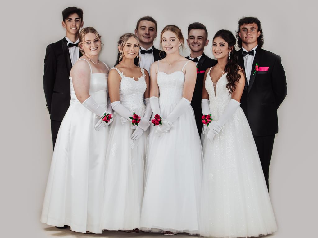 Moranbah Debutante Ball 2022 (back, from left) Cameron Tomlinson, Cooper Hannay, Blake Thompson, Nardus Jordaan and (front, from left) Grace Johnstone, Tayla Dale, Ellie Dyer, Bree-Elle Wilson. Picture: Contributed