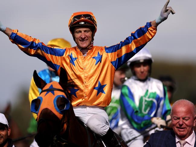 AUCKLAND, NEW ZEALAND - MARCH 08: Blake Shinn riding Damask Rose celebrates winning The NZB Kiwi during Champions Day at Ellerslie Racecourse on March 08, 2025 in Auckland, New Zealand. (Photo by Phil Walter/Getty Images)