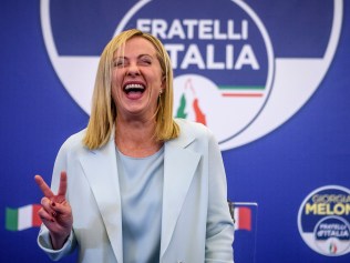 ROME, ITALY - SEPTEMBER 26: Giorgia Meloni, leader of the Fratelli d'Italia (Brothers of Italy) reacts during a press conference at the party electoral headquarters overnight, on September 26, 2022 in Rome, Italy. The snap election was triggered by the resignation of Prime Minister Mario Draghi in July, following the collapse of his big-tent coalition of leftist, right-wing and centrist parties. (Photo by Antonio Masiello/Getty Images)