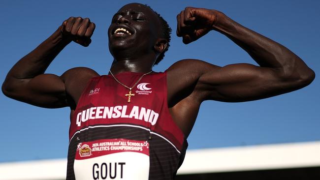 Gout Gout celebrates winning the boys' U18 200m final in a new national time of 20.04sec during the 2024 Australian All Schools Athletics Championships. Picture: Getty Images