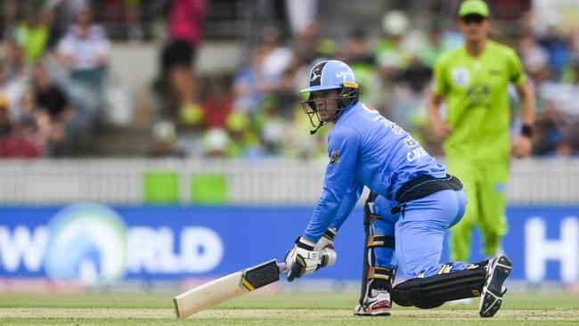 Alex Carey of the Adelaide Strikers in action early in the Big Bash League cricket match between Sydney Thunder and Adelaide Strikers at Manuka Oval in Canberra on Saturday. Picture: AAP