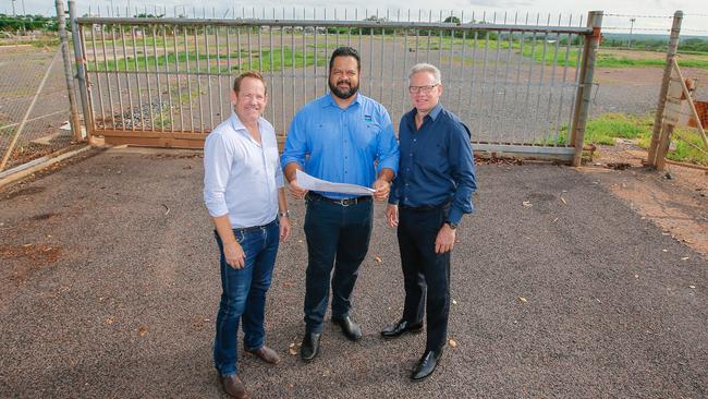 Stuart Tottham, Nigel Browne and Sean Bowden at the proposed stadium site on McMinn St. Picture GLENN CAMPBELL