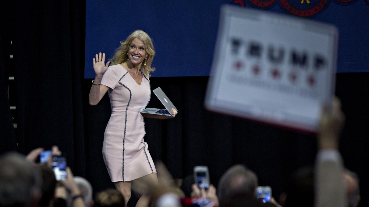 Kellyanne Conway arrives to speak during a campaign rally in Pennsylvania, US, on November 4, 2016. Conway is also the first woman to run a Republican general election presidential campaign. Picture: Getty