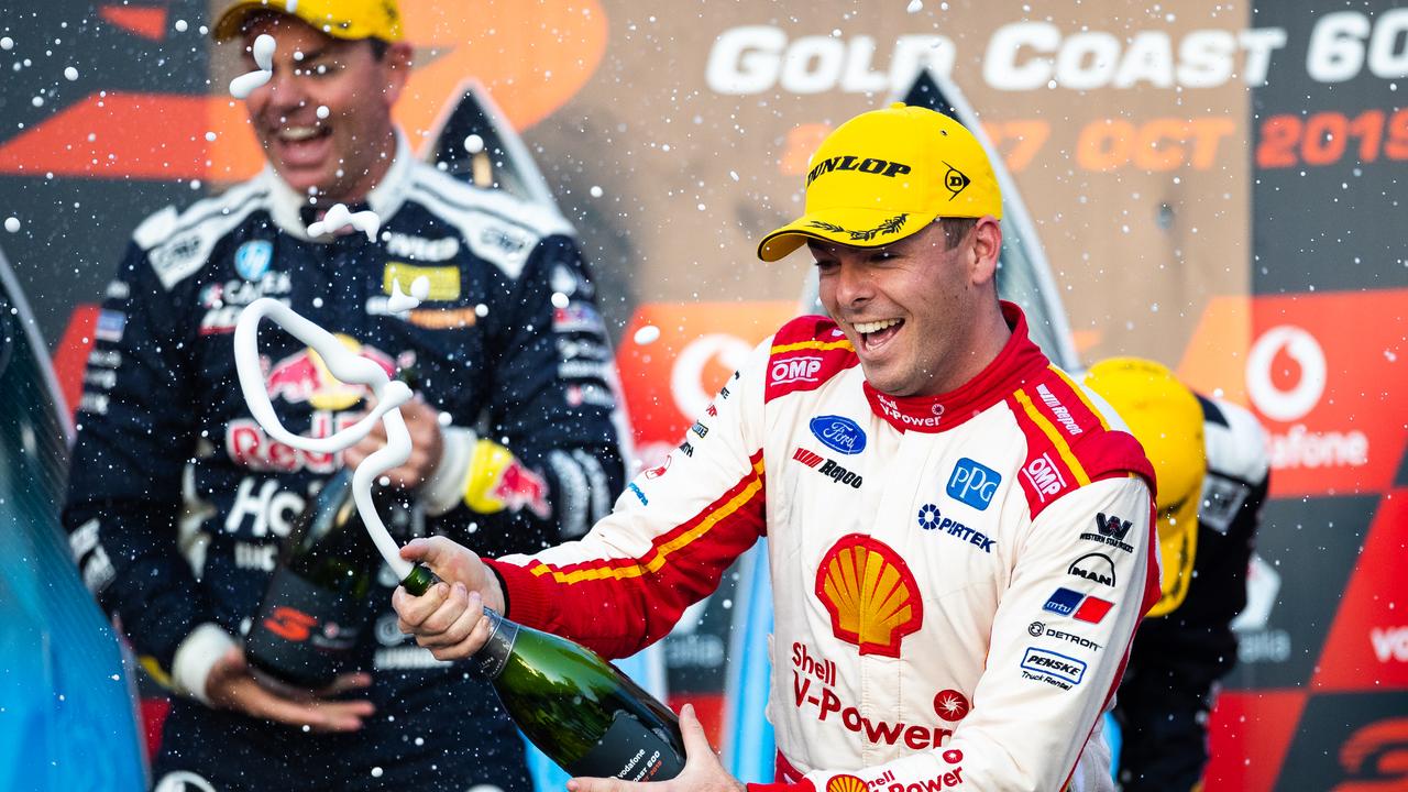 Scott McLaughlin celebrates on the podium at the Gold Coast 600. Picture: Daniel Kalisz