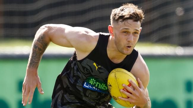 MELBOURNE, AUSTRALIA - NOVEMBER 15: Rhyan Mansell of the Tigers in action during the Richmond Tigers training session at Punt Road Oval on November 15, 2024 in Melbourne, Australia. (Photo by Michael Willson/AFL Photos via Getty Images)