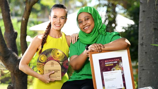 Stephanie Naunton and Yasmin Ali Abukar from TMSG are Winners of the Multicultural Queensland Awards Sector Outstanding Achiever and runner-up for the Minister's Choice Awards. Picture: Shae Beplate