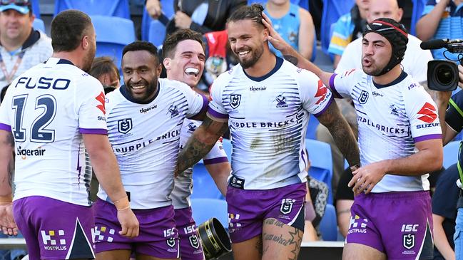 Sandor Earl celebrates after scoring a try for the Storm. Picture: AAP