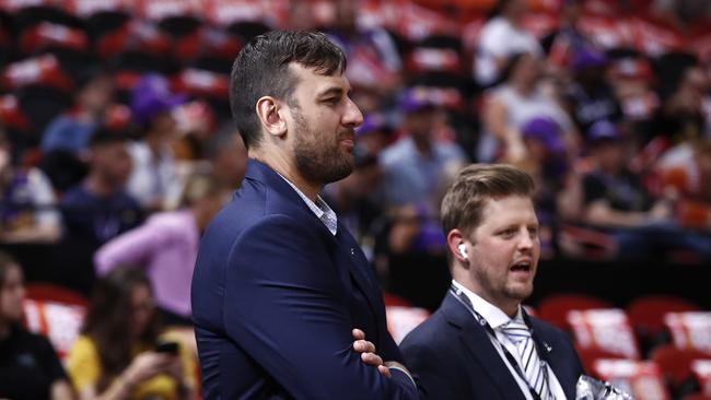 SYDNEY, AUSTRALIA - FEBRUARY 12: Kings Part-Owner Andrew Bogut looks on during the round five NBL match between the Sydney Kings and the New Zealand Breakers at Qudos Bank Arena, on February 12, 2021, in Sydney, Australia. (Photo by Ryan Pierse/Getty Images)