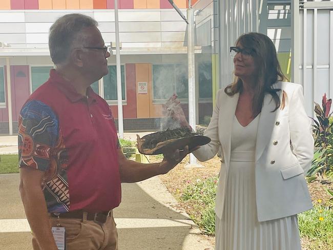 Yuwibara elder Philip Kemp welcomed new Mackay Hospital and Health Service chief executive Susan Gannon with a smoking ceremony. Photo: Zoe Devenport