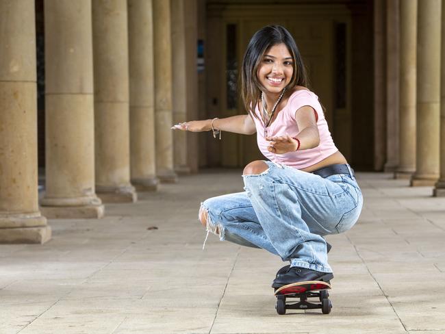 Aneri Shah, 18, already has a conditional offer to study psychology – and enjoys riding the skateboard to relax between studies. Picture: Emma Brasier