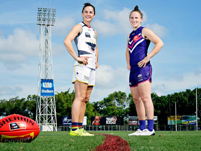 Adelaide Crow’s joint vice-captain Angela Foley photographed with Fremantle’s Kara Donnellan at TIO Stadium in Darwin in 2018. Foley played in the NTFLW before being drafted by the Crows to play in their inaugural AFLW season in 2017. Picture: FILE