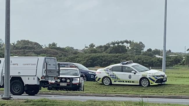 A police car was damaged and a man arrested after a suspected stolen ute's tyres were spiked near the intersection of Holts Rd and Mackay Bucasia Rd about 10.05am Wednesday. Picture: Melanie Whiting