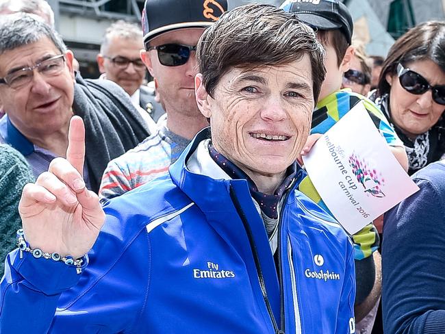 The Melbourne Cup street Parade makes its way through Melbourne's CBD. Jockey Craig Williams at Fed Square. Picture: Jake Nowakowski