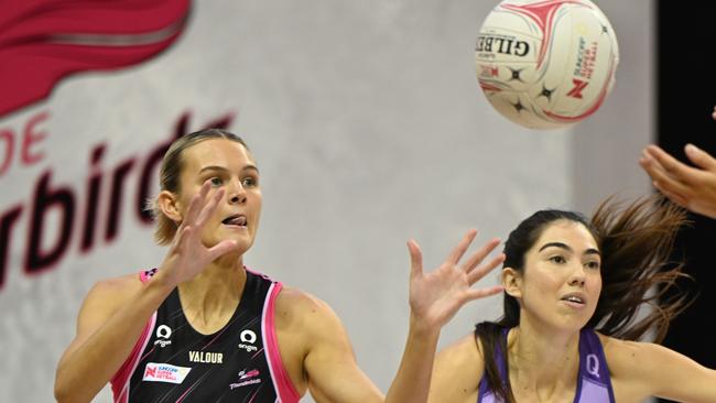 ADELAIDE, AUSTRALIA – MAY 13: Tippah Dwan of the Thunderbirds receives a pass during the round nine Super Netball match between Adelaide Thunderbirds and Queensland Firebirds at Netball SA Stadium, on May 13, 2023, in Adelaide, Australia. (Photo by Sue McKay/Getty Images)