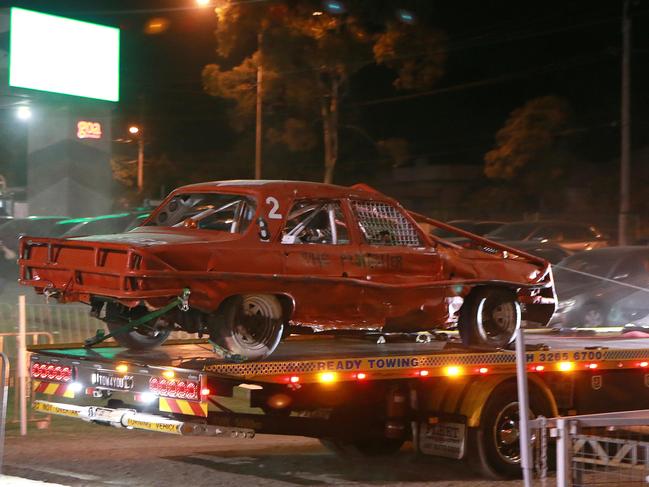 The stunt car is taken away on a tow truck after the incident. Picture: Sarah Marshall/AAP